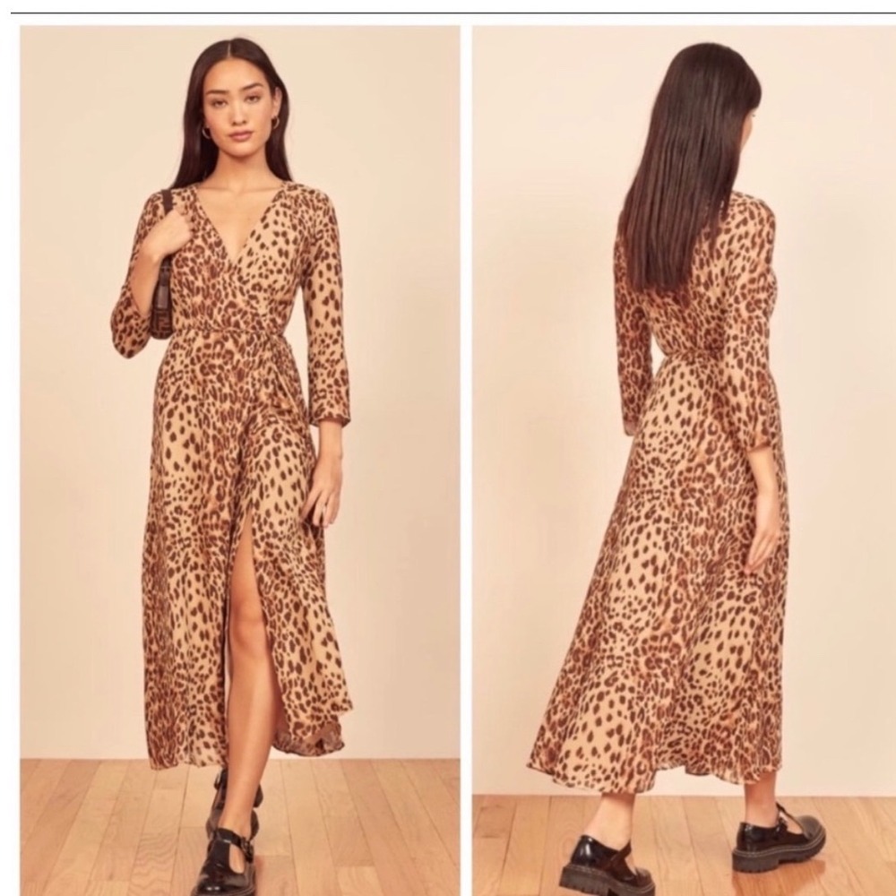 Reformation Leopard Print Wrap Midi Dress V-Neck 3/4 Sleeve Brown Animal Print M